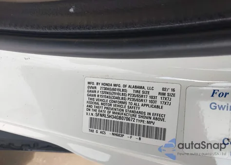 2016 Honda Odyssey Se z USA, uszkodzony, nr VIN 5FNRL5H34GB070672